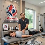 **Alt Text:** Experienced physiotherapist at Myoveda Physiotherapy and Rehabilitation Care providing hands-on manual therapy to a female patient in a modern physiotherapy clinic setting, promoting pain relief, rehabilitation, and functional recovery. **Caption:** Expert physiotherapy care at Myoveda Physiotherapy and Rehabilitation Care – personalized treatment plans designed to relieve pain, restore mobility, and support long-term recovery. Book your consultation today for evidence-based rehabilitation services. **Description:** This image showcases a professional physiotherapy session at Myoveda Physiotherapy and Rehabilitation Care, featuring a skilled physiotherapist performing manual therapy techniques on a patient in a well-equipped rehabilitation clinic. Myoveda specializes in evidence-based physiotherapy treatments for back pain, neck pain, sports injuries, post-operative rehabilitation, neurological rehabilitation, and musculoskeletal conditions. With patient-centered care and customized treatment programs, Myoveda is committed to helping individuals achieve pain relief, improved mobility, enhanced physical function, and a better quality of life through advanced physiotherapy and rehabilitation services.
